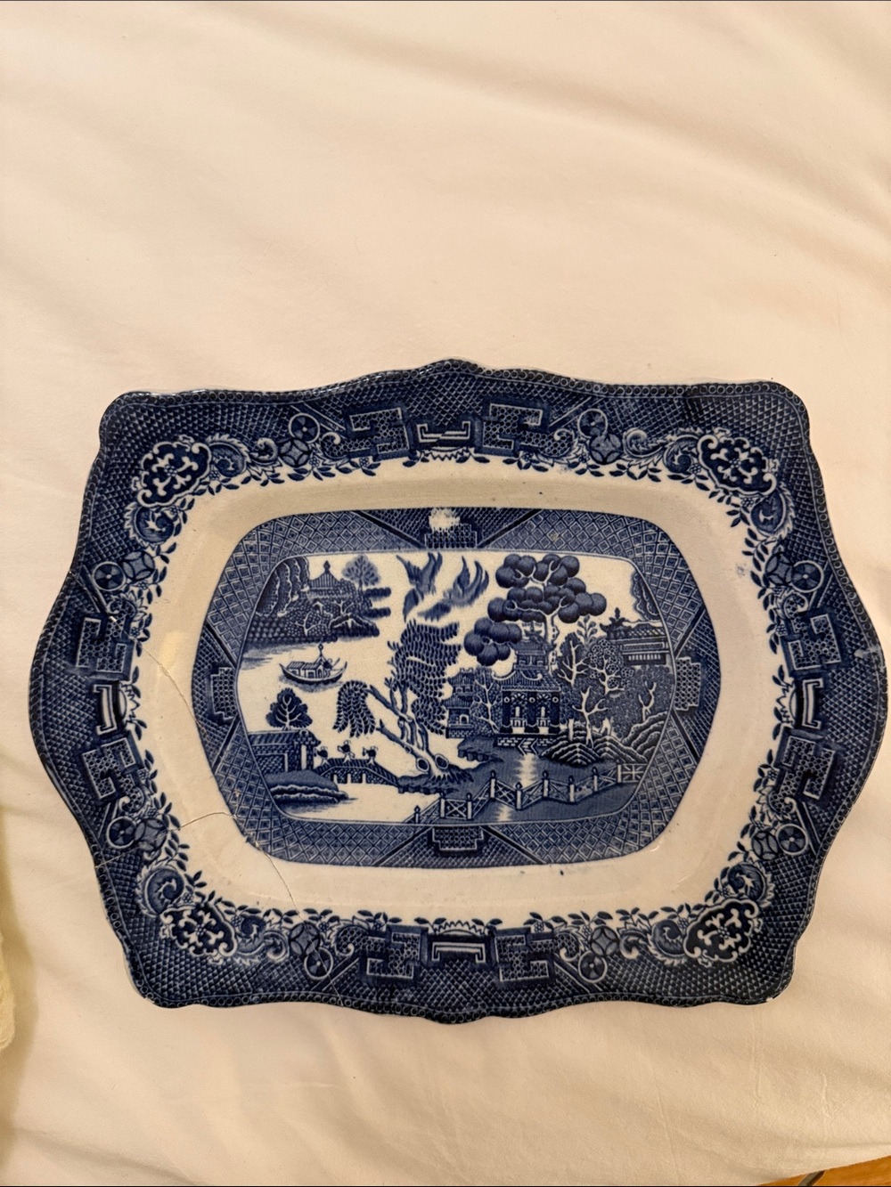 Willow White Rectangular Ironstone Platter with Blue Maker's Mark